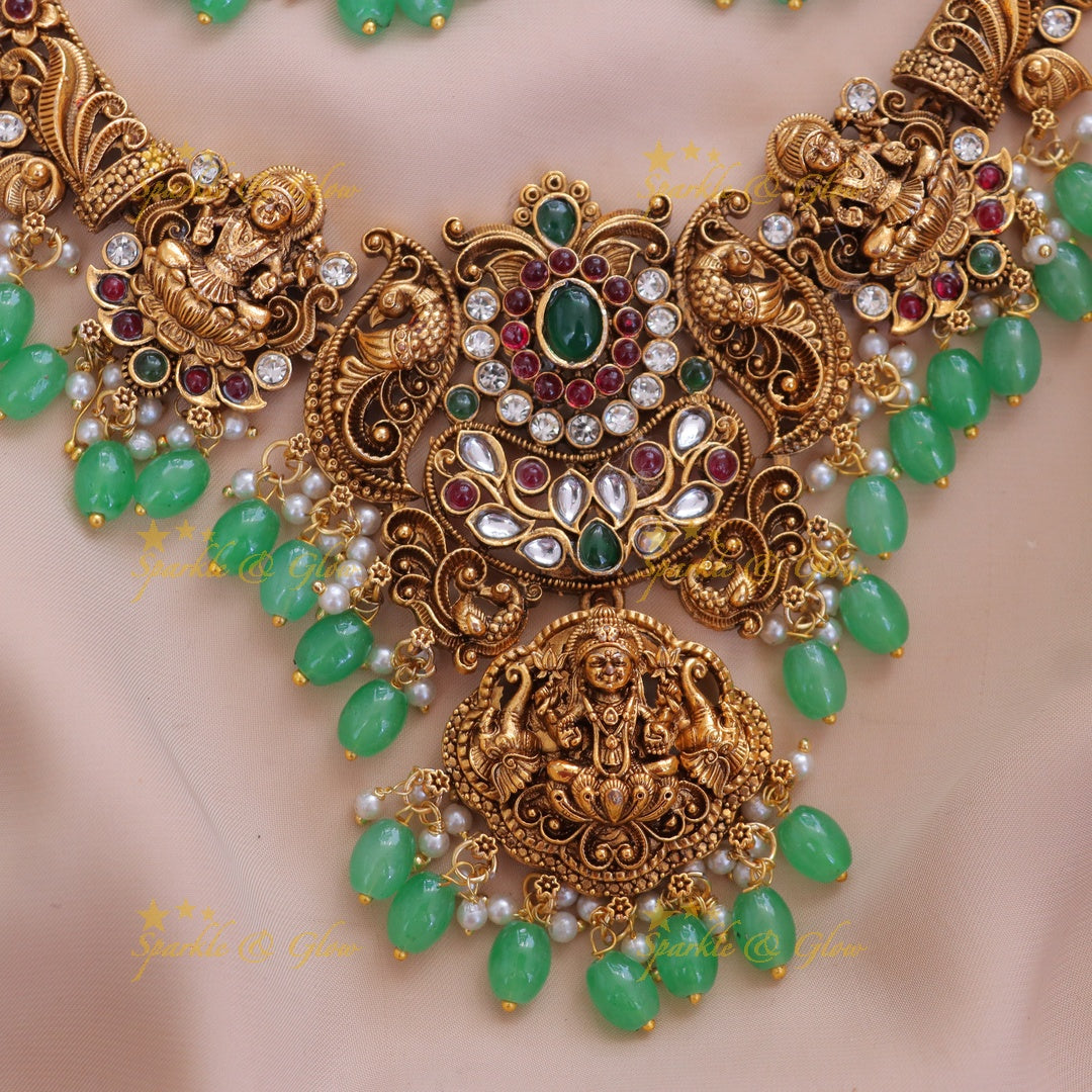 Exquisite Lakshmi Peacock Necklace with Green Beads