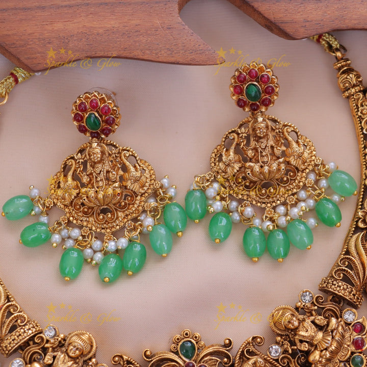Exquisite Lakshmi Peacock Necklace with Green Beads