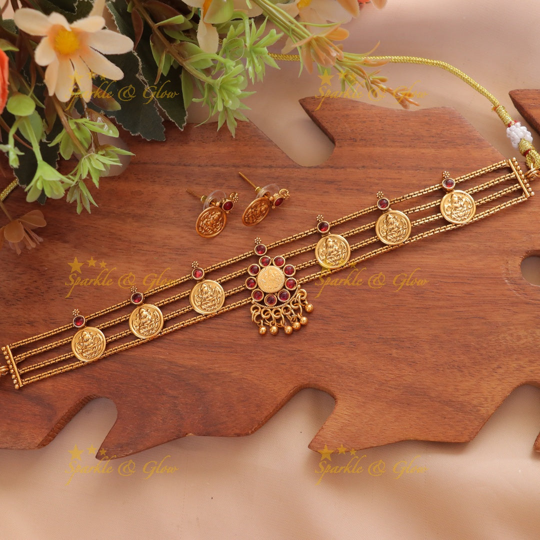 Lakshmi Coin Floral Necklace - Elegant Temple Jewelry