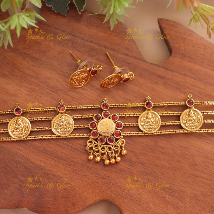 Lakshmi Coin Floral Necklace - Elegant Temple Jewelry