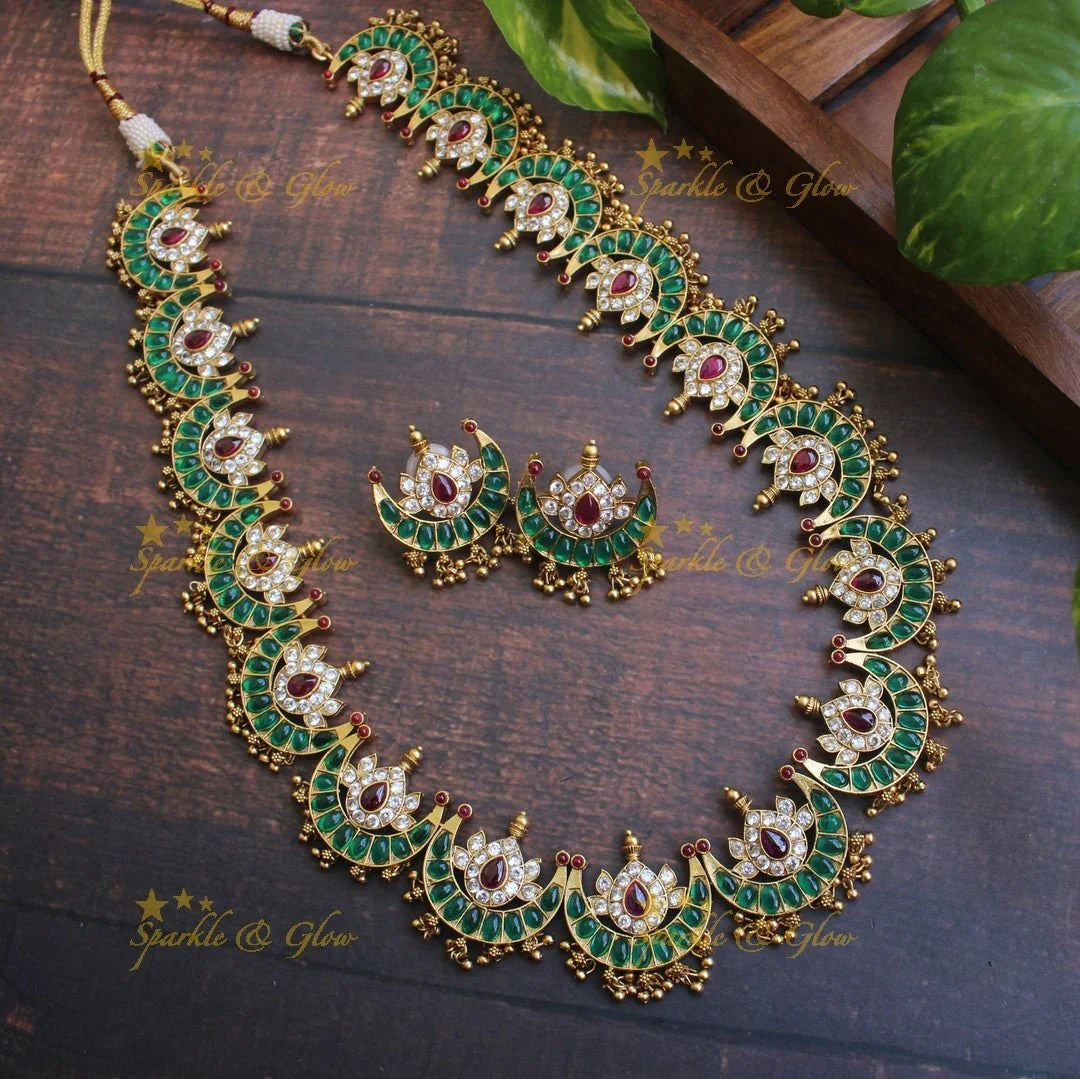 Gold alike moon haram with gold beads - Green White - Sparkle and Glow