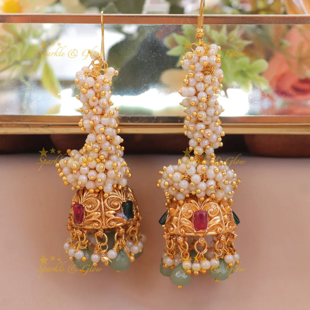 Exquisite Mint Green Pearl Jhumka Earrings for Weddings