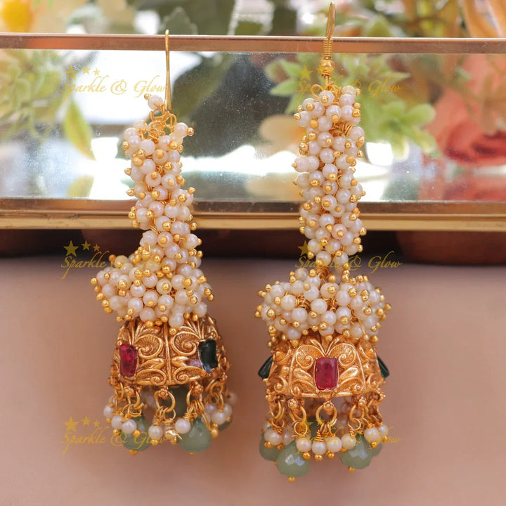 Exquisite Mint Green Pearl Jhumka Earrings for Weddings
