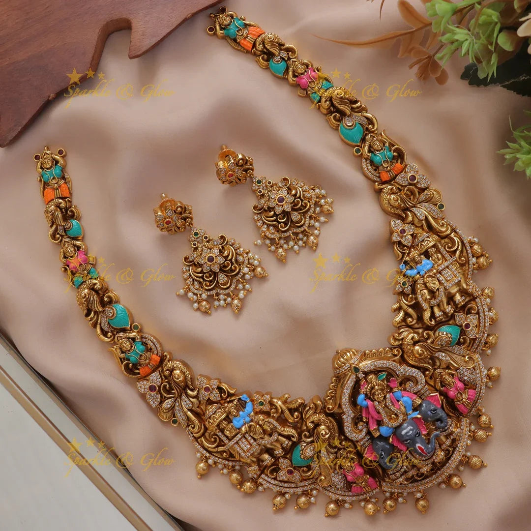 Exquisite Elephant God Idol Gold Necklace - Festive Glam(Preorder)