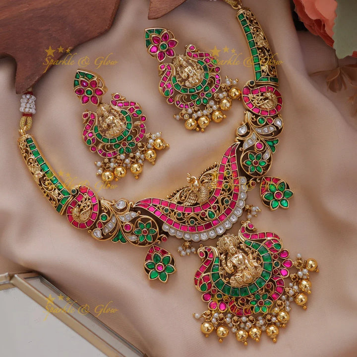 Luxurious Lakshmi Floral Peacock Necklace Set - New Arrival