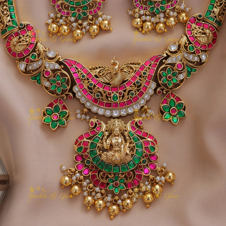 Luxurious Lakshmi Floral Peacock Necklace Set - New Arrival