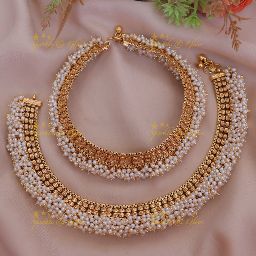 Bridal Layered Anklets in Antique Gold with Beads