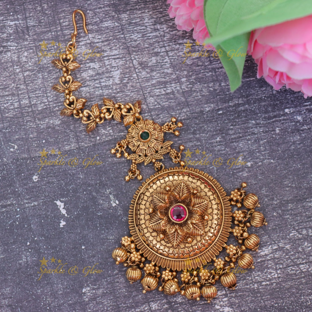 Elegant Floral Gold Beaded Maang Tikka for Weddings