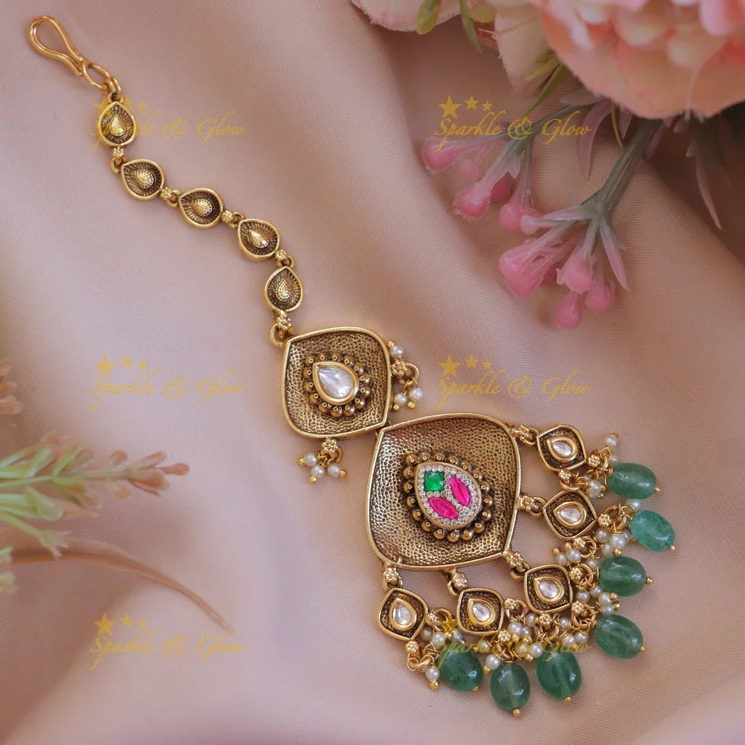 Elegant Diamond Maang Tikka with Green Beads
