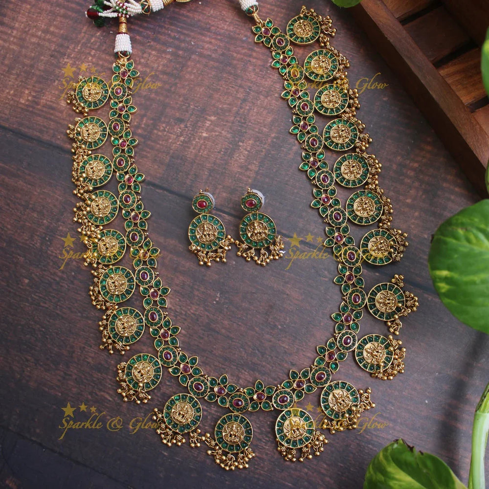 Gold alike Elegant Lakshmi Coin Haram - Green - Sparkle and Glow