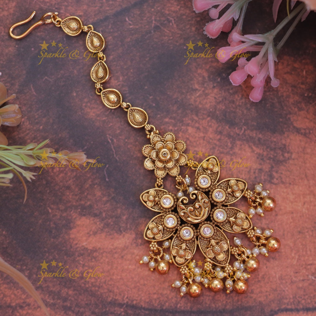 Exquisite Gold Floral Maang Tikka for Weddings & Festivals