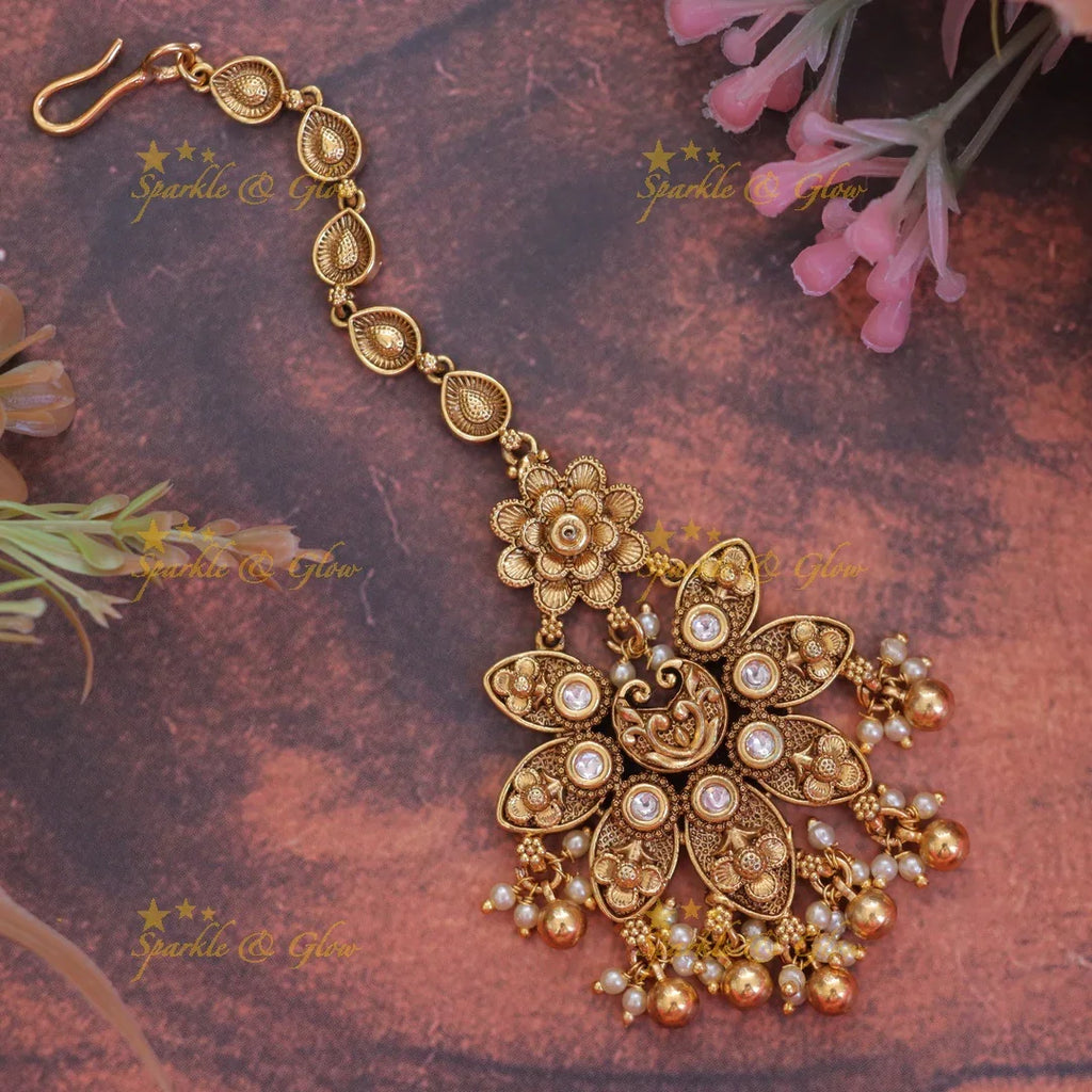 Exquisite Gold Floral Maang Tikka for Weddings & Festivals