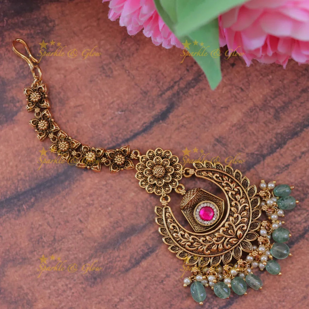 Elegant Floral Half Moon Maang Tikka for Weddings