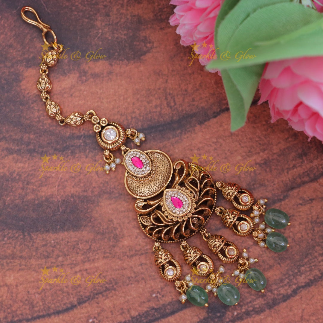 Exquisite Gold Oval Stone Maang Tikka for Weddings