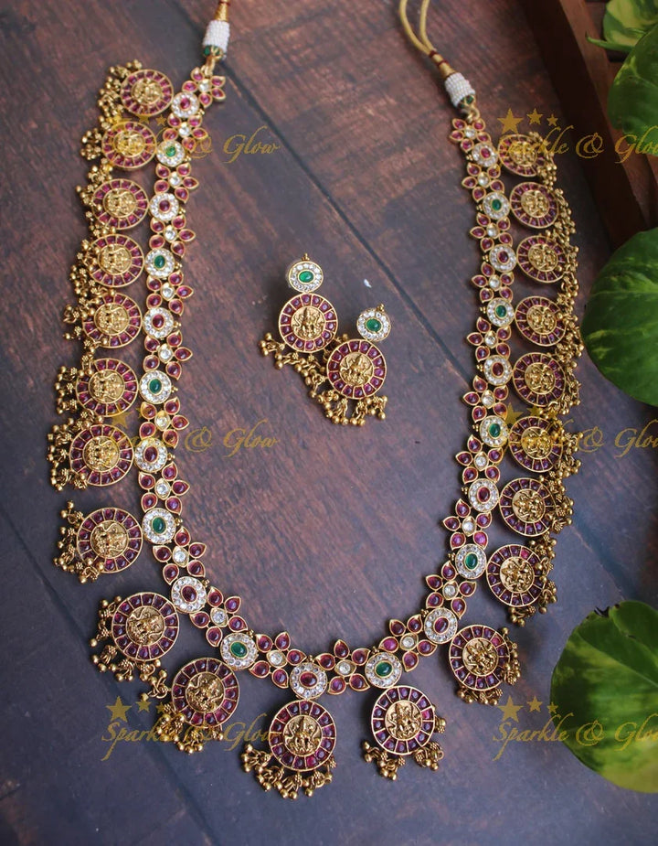 Gold alike Elegant Lakshmi Coin Haram - Green - Sparkle and Glow