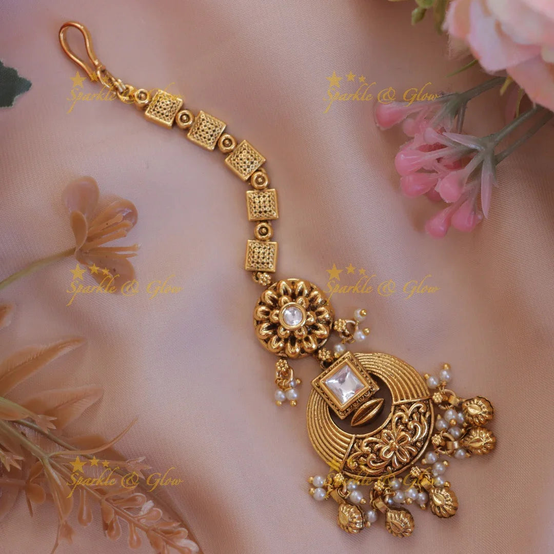 Elegant Floral Square Stone Maang Tikka for Weddings