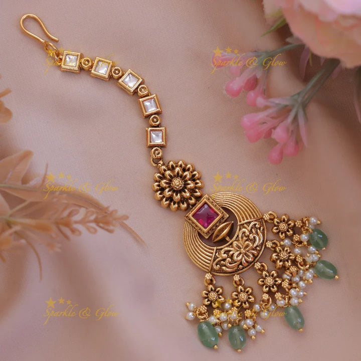 Elegant Floral Square Stone Maang Tikka for Weddings