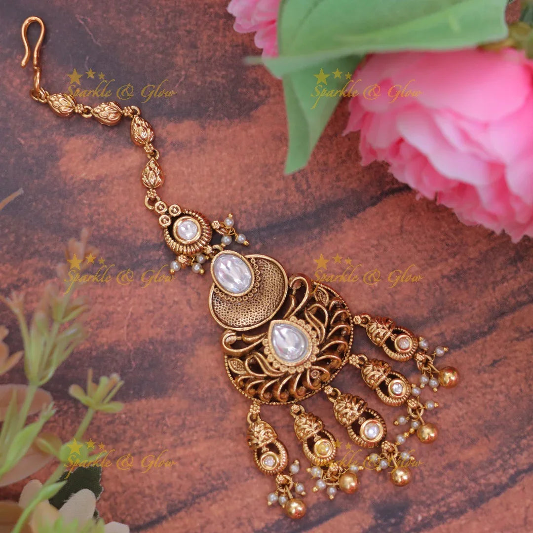 MODERN STONE GOLD MAANGTIKA Ruby Stone Simple Modern Gold Maang Tikka main image 4
