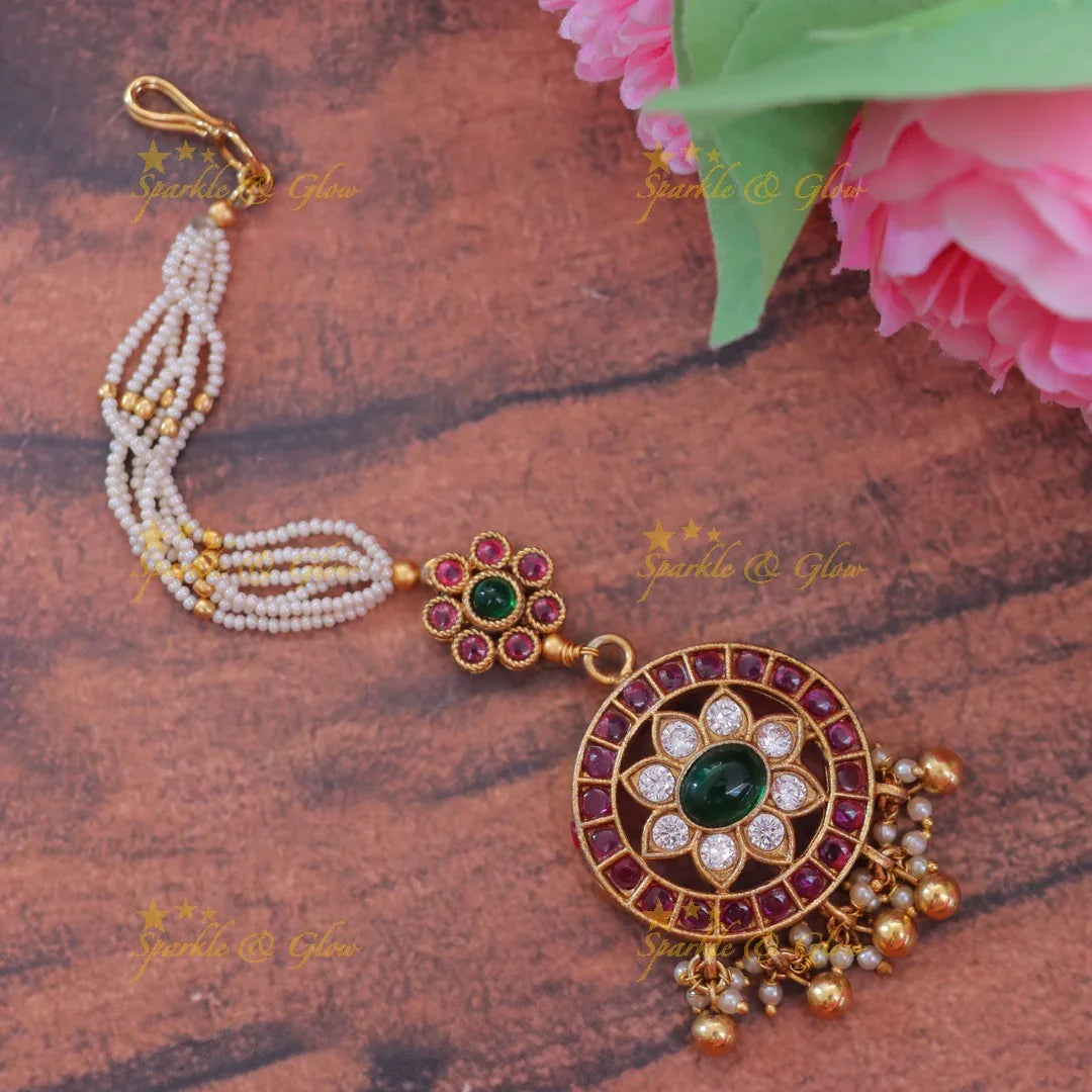 Elegant Floral Pearl Stone Maang Tikka for Weddings