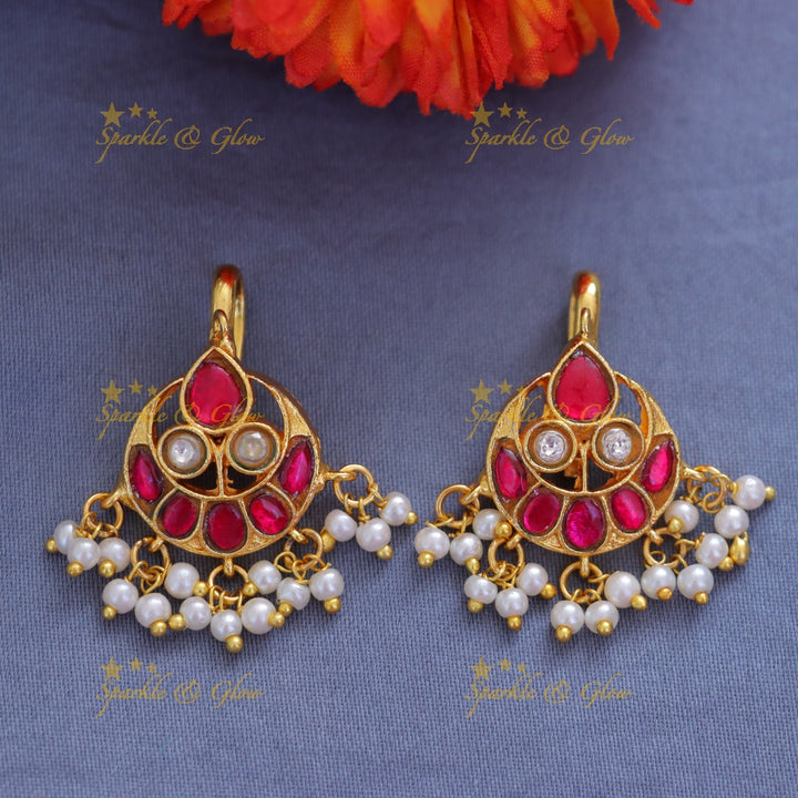 Elegant Gold Bugadi Earrings with Pearls & Pink Accent