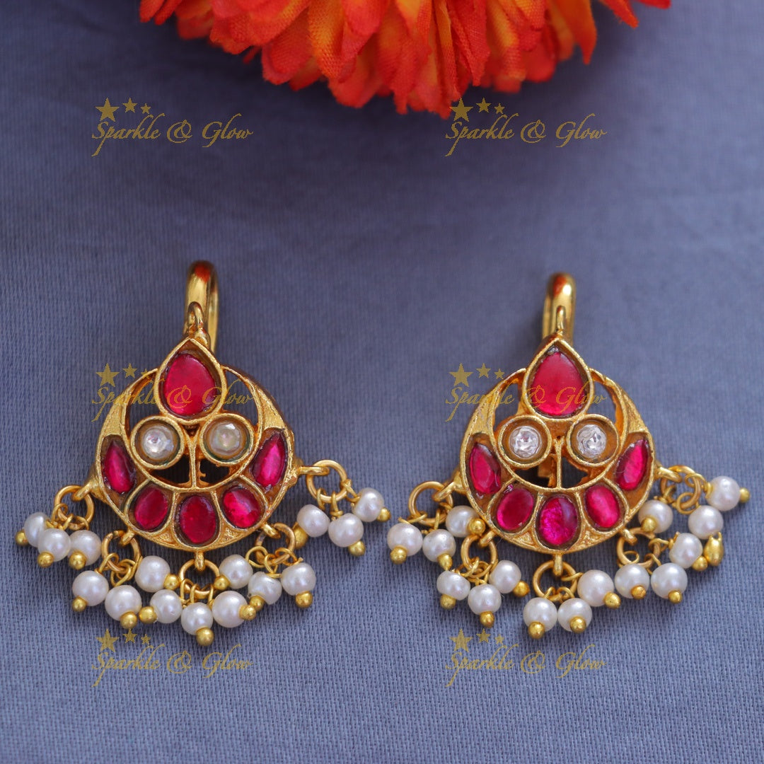 Elegant Gold Bugadi Earrings with Pearls & Pink Accent