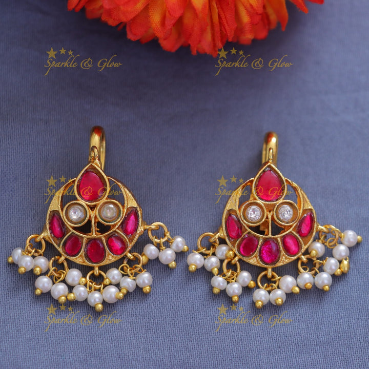 Elegant Gold Bugadi Earrings with Pearls & Pink Accent