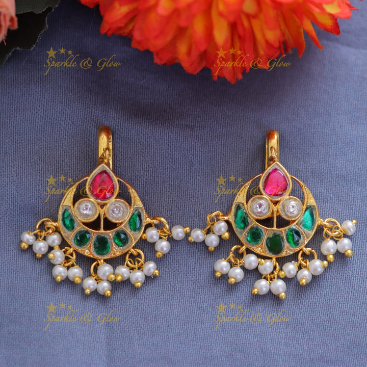 Elegant Gold Bugadi Earrings with Pearls & Pink Accent