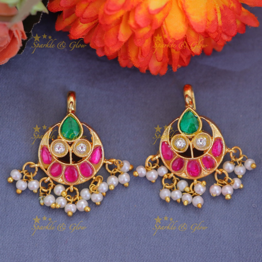 Elegant Gold Bugadi Earrings with Pearls & Pink Accent