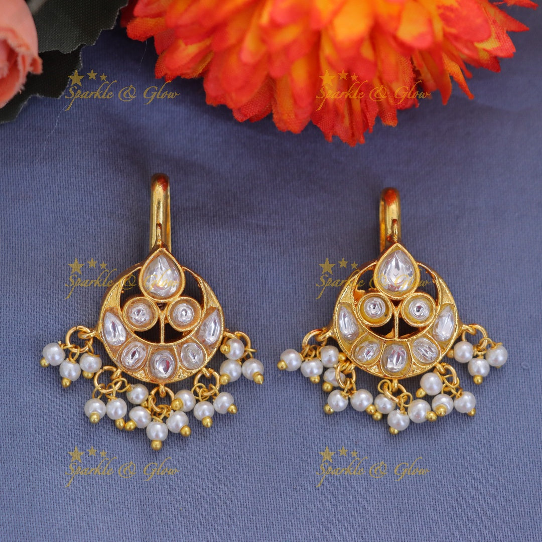 Elegant Gold Bugadi Earrings with Pearls & Pink Accent