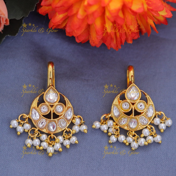 Elegant Gold Bugadi Earrings with Pearls & Pink Accent