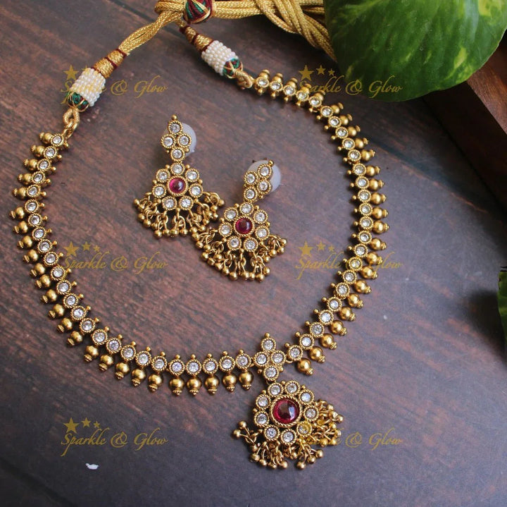 Gold alike kemp adigai with gold drops- White - Sparkle and Glow