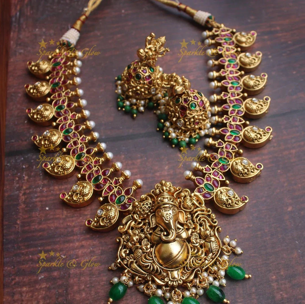 Gold alike Ganesha carved mango necklace - Sparkle and Glow