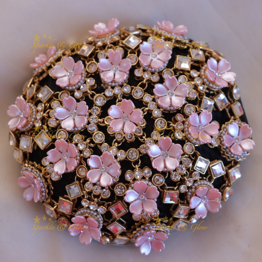 Exquisite Pink Floral Hair Bun Accessory - Sparkle & Glow