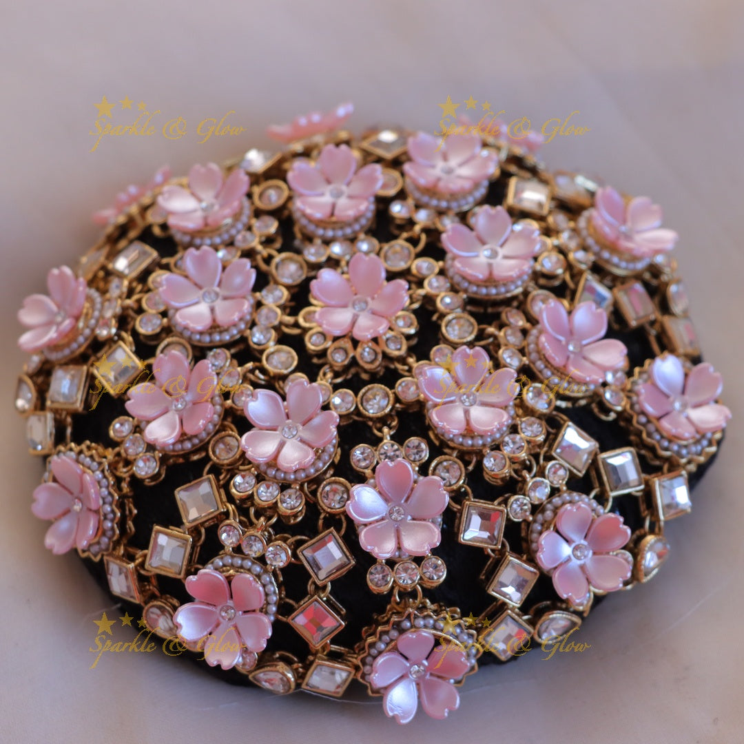 Exquisite Pink Floral Hair Bun Accessory - Sparkle & Glow