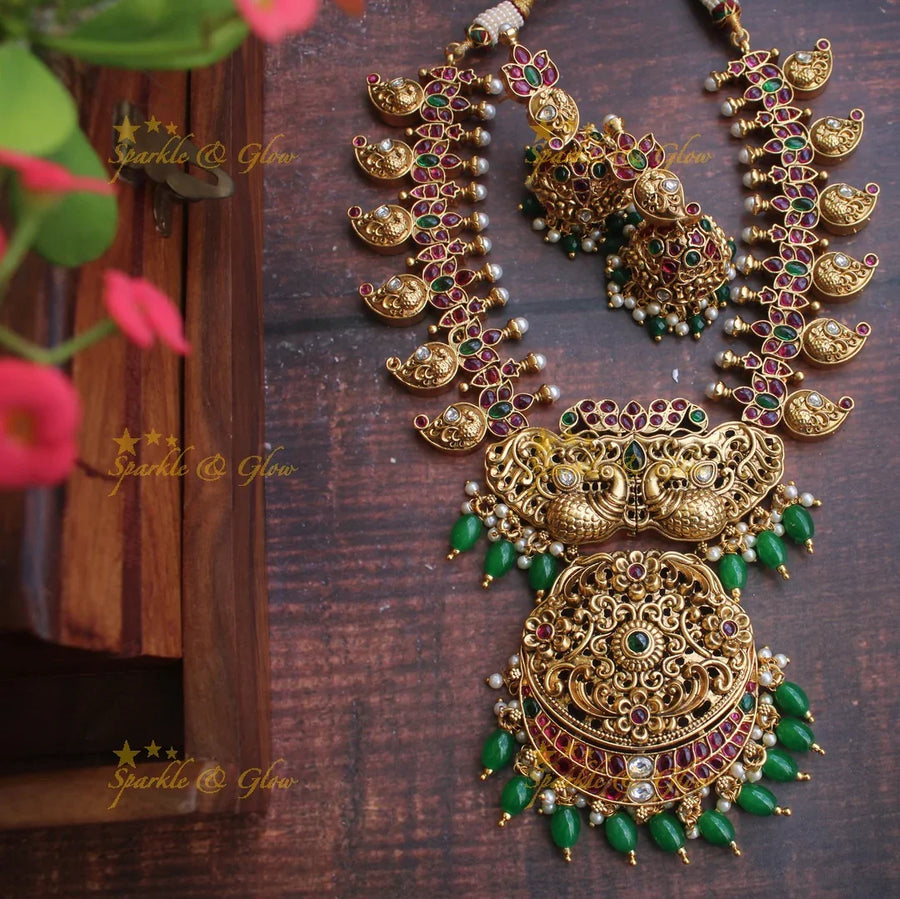 Gold alike peacock carved mango necklace - Red - Sparkle and Glow