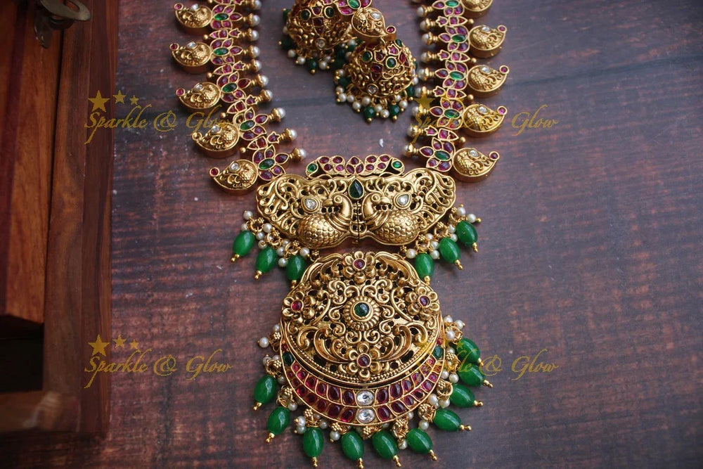 Gold alike peacock carved mango necklace - Red - Sparkle and Glow