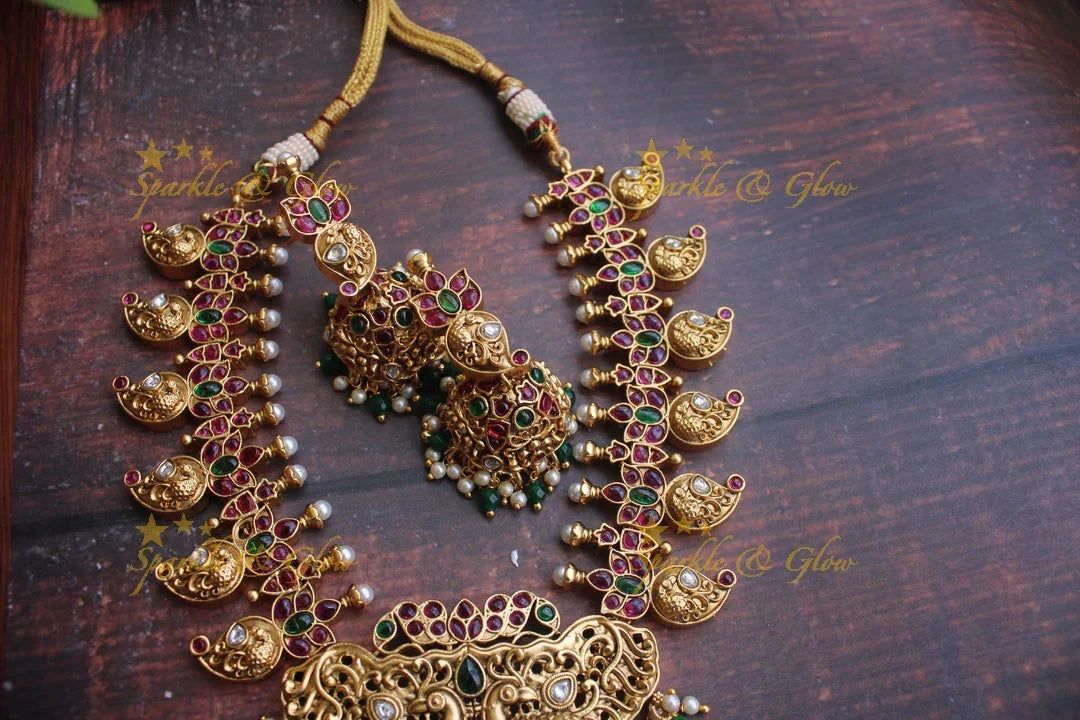 Gold alike peacock carved mango necklace - Red - Sparkle and Glow
