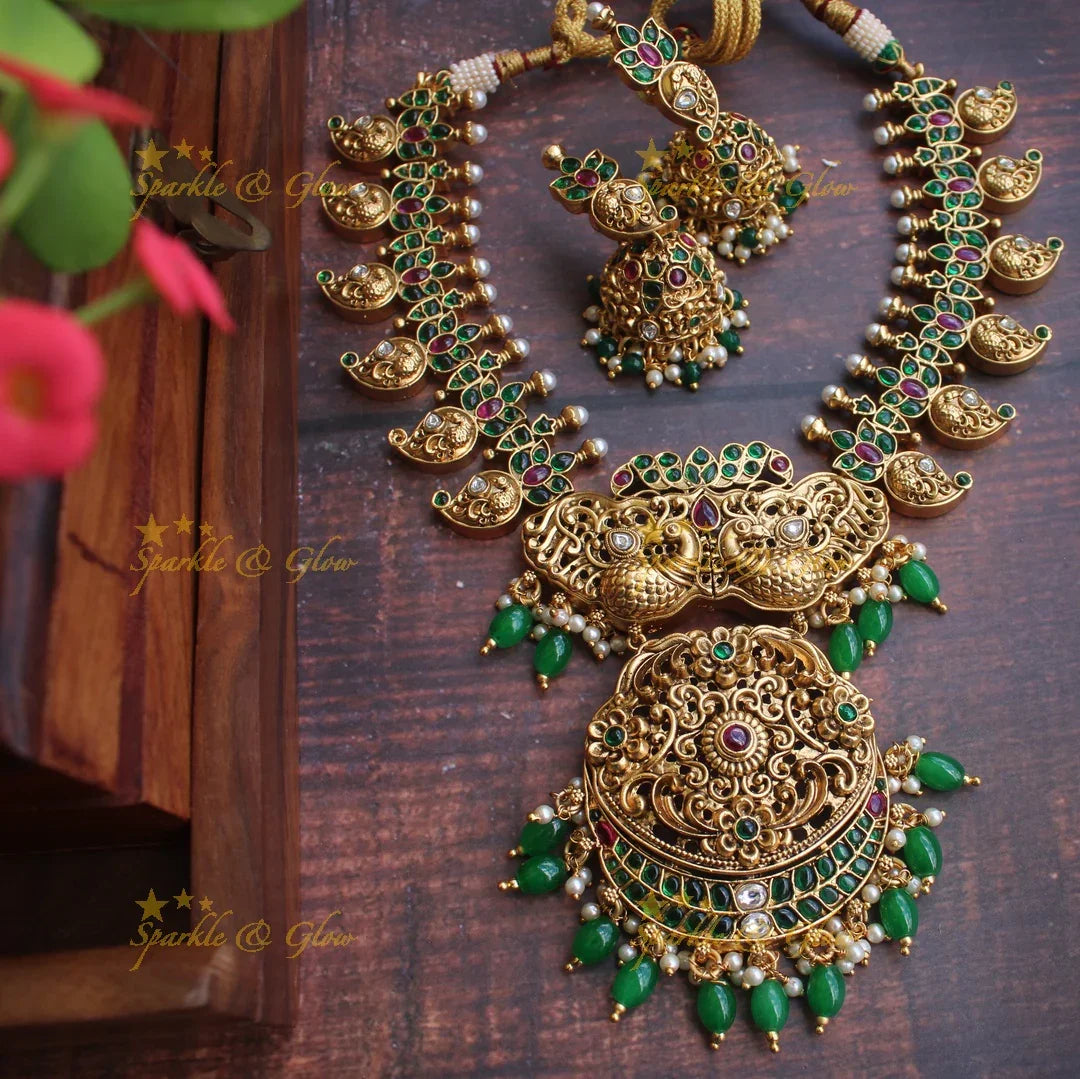 Gold alike peacock carved mango necklace - Red - Sparkle and Glow