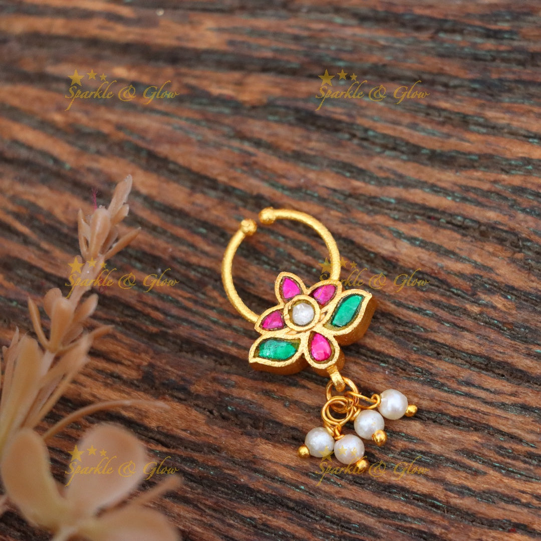 Exquisite Reversible Gold Pearl Nose Ring for Weddings & Festivals