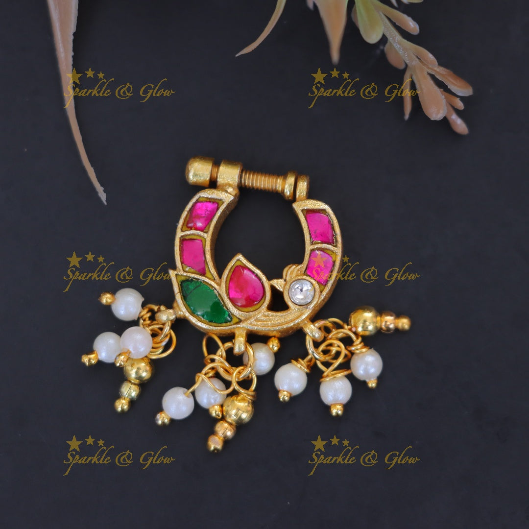 Exquisite Reversible White Pearl Peacock Nose Pin for Special Occasions