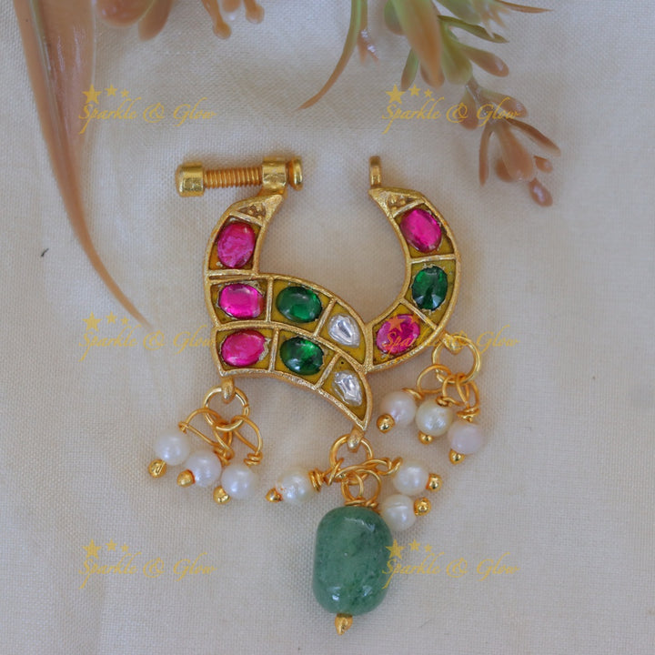 Exquisite Reversible Gold Nose Pin with Green Bead for Festive Glam