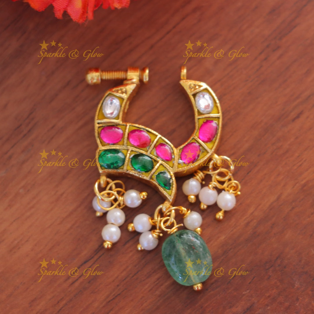 Exquisite Reversible Gold Nose Pin with Green Bead for Festive Glam