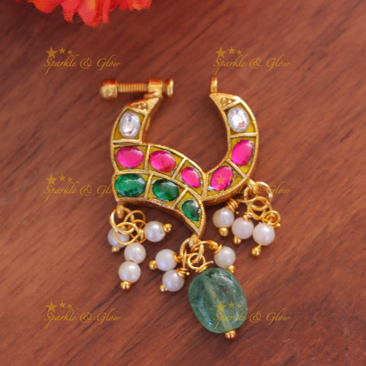 Exquisite Reversible Gold Nose Pin with Green Bead for Festive Glam