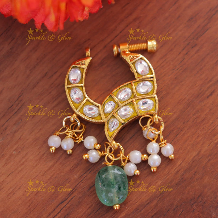 Exquisite Reversible Gold Nose Pin with Green Bead for Festive Glam