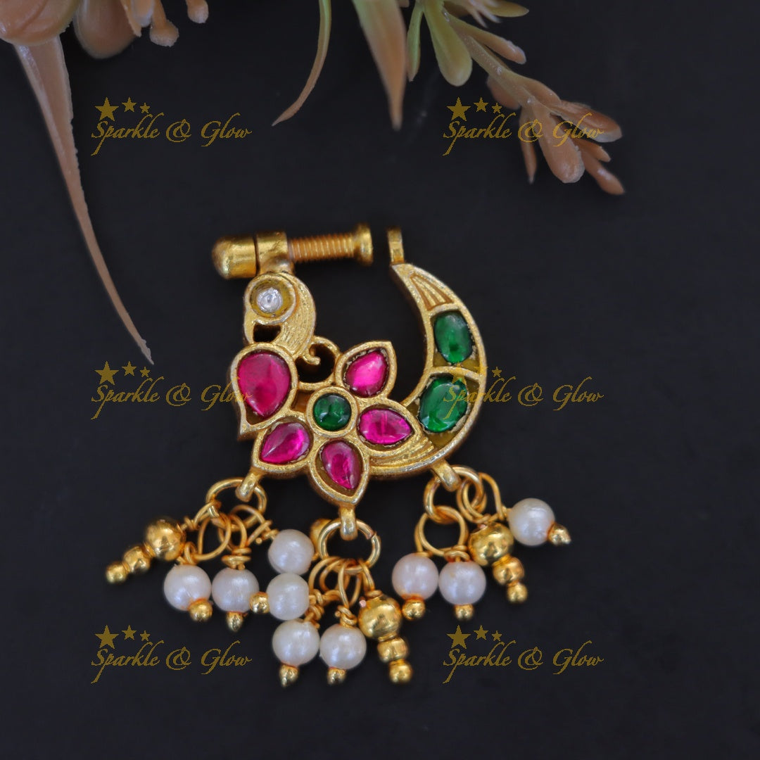 Exquisite Reversible Gold Pearl Nose Pin for Festive Elegance