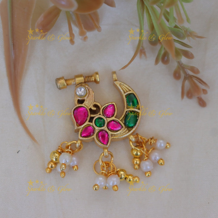 Exquisite Reversible Gold Pearl Nose Pin for Festive Elegance