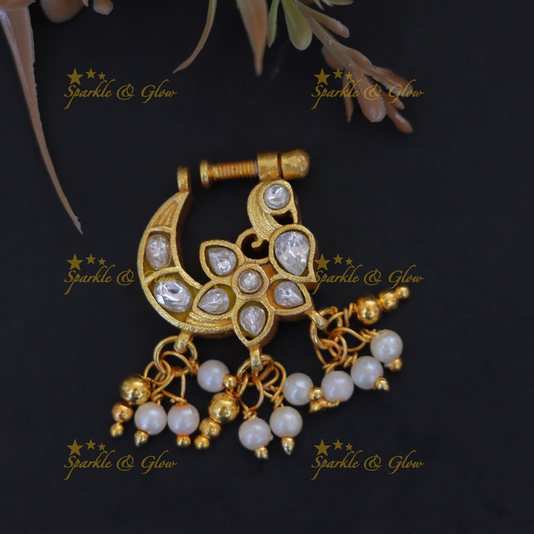 Exquisite Reversible Gold Pearl Nose Pin for Festive Elegance