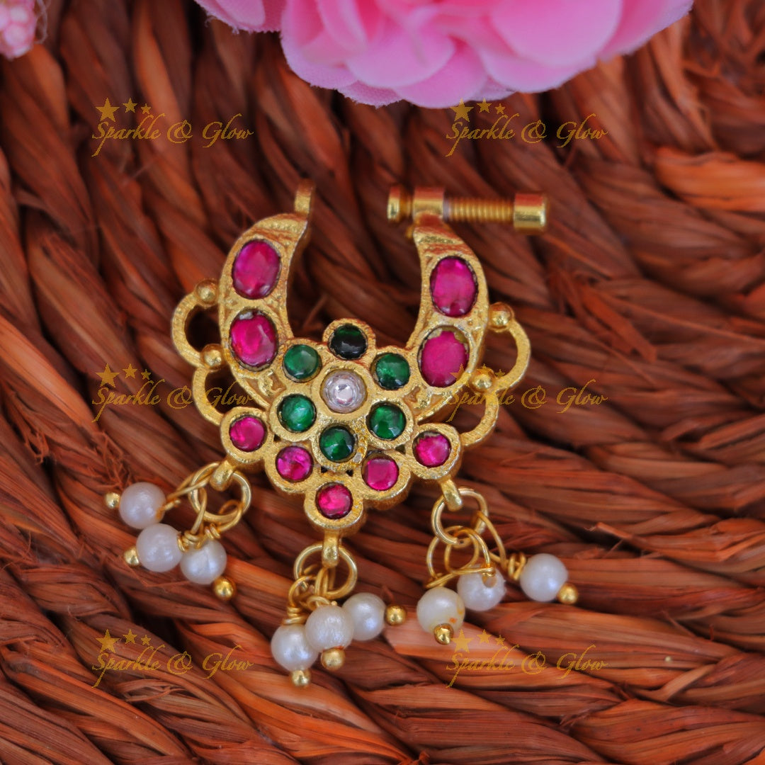 Enchanting Reversible Floral Pearl Nose Pin for Festive Glamour