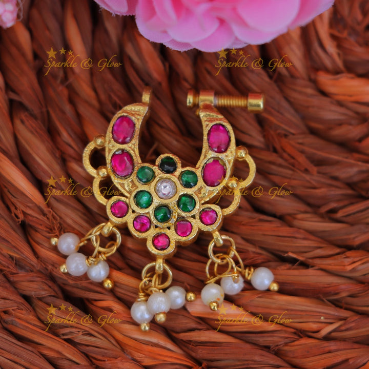 Enchanting Reversible Floral Pearl Nose Pin for Festive Glamour