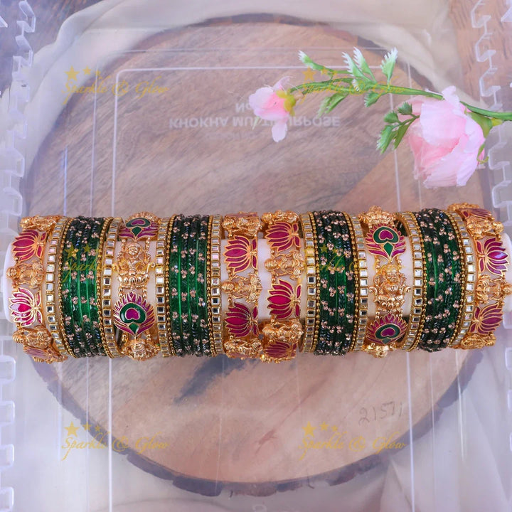 Exquisite Floral Gold & Green Bangles Set-One hand